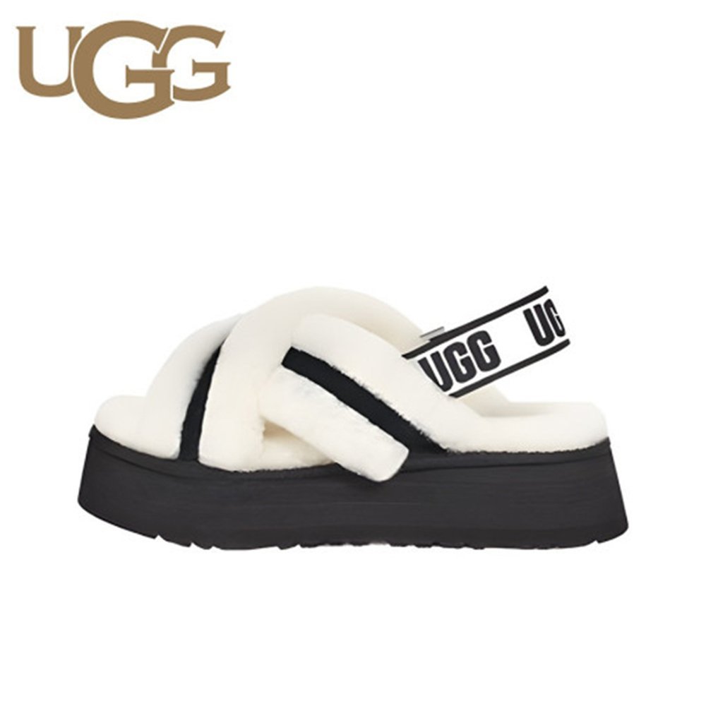 UGG 어그 슬리퍼 여성 양모 크로스 스트랩 플랫폼 디스코 슬라이드 체스넛 1121550-WHT